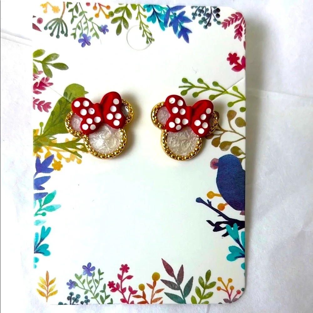 Minnie Mouse inspired Red White Polka Dot Bow Earrings Golden Silhouette Border